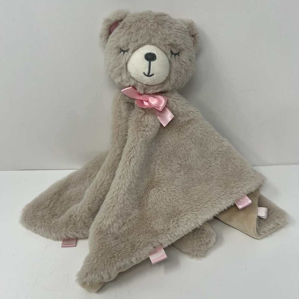 Kellytoy Security Blanket 13x13 Tan Sleeping Teddy Bear Pink Bow Rattle Lovey
